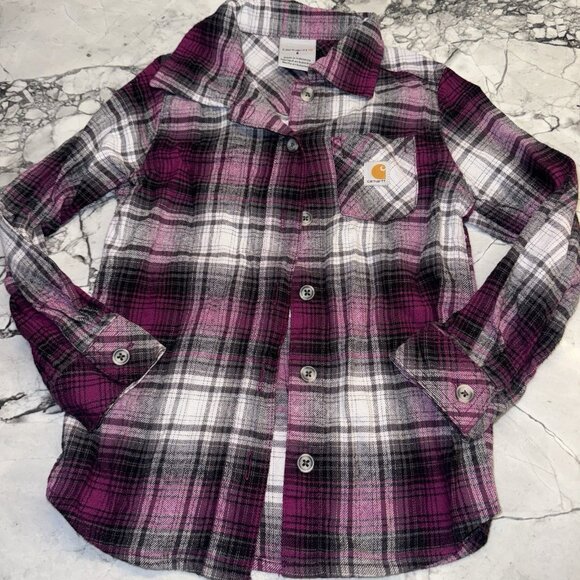 Carhartt Girls Size 5 Purple Gray Plaid Flannel Shirt - Picture 1 of 2